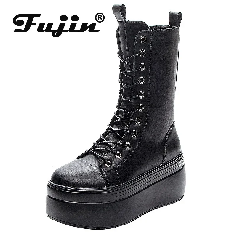 Fujin 8cm 2024 Super Thick Sole Chunky Heel Shoes Boots Ankle Mid Calf Knee Leather High Boots Zipper Spring Autumn Booties