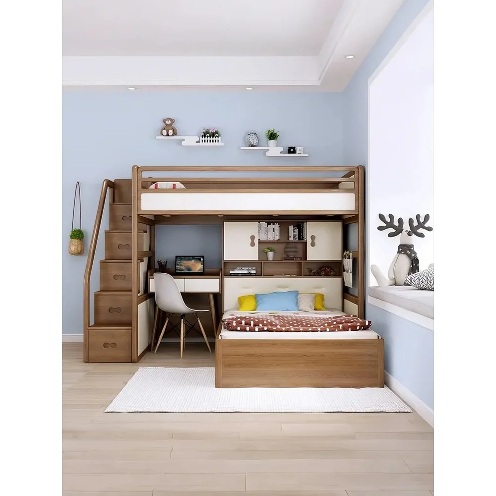 Space-Saving Solid Wood Staggered Bunk Bed, Twin Loft Bed with Desk & Wardrobe Multi-functional Study Bed for Adults