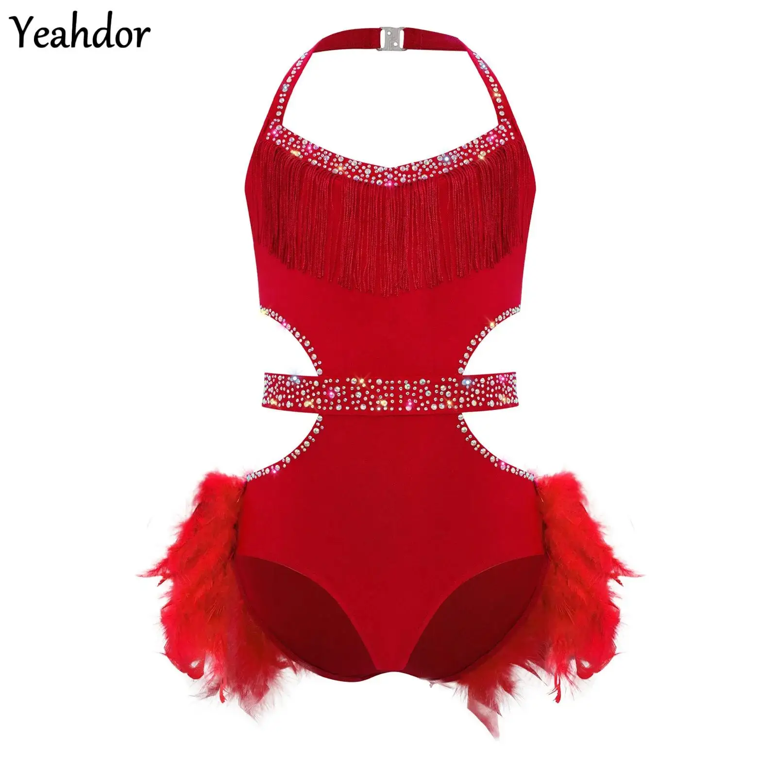 

Kids Girls Ballet Gymnastics Leotard Halter Sleeveless Rhinestones Feather Skirted Bodysuit Unitard Jazz Figure Skating Costume