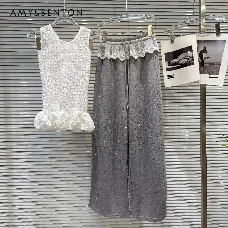 

2026 Summer New Sleeveless Women's Vests Cool Sweet Sexy Hot Girl Lace Splcing Hot Diamond Loose Casual Trousers Suits Ladies