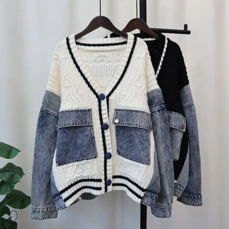 2024 Women Loose Denim Sweater Cardigan Kintted Button Spring Autumn Vintage Winter Streetwear Y2k Jumper Coat Cardigans