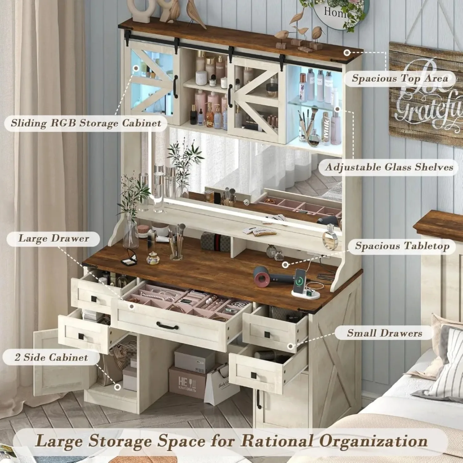 75.2" Farmhouse Vanity Desk with Mirror and Lights, 5 Drawers&2 Sliding RGB Door & Power Outlet, 3 Color Lighting Modes