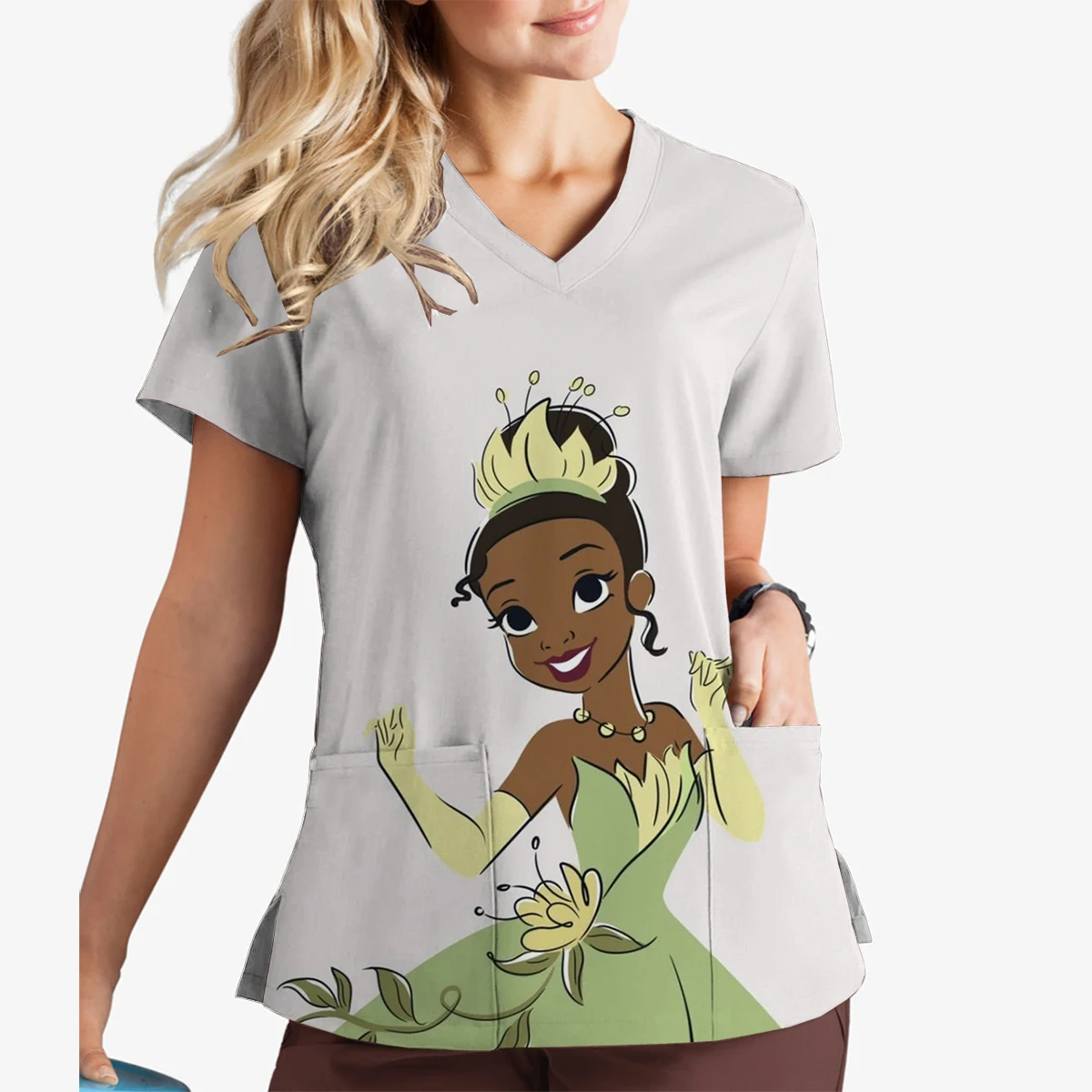 Summer Disney Tiana Princess Print V-Neck Print Scrub Top Surgeon Work Clothes Doctor Nurse Surgical Gown Women