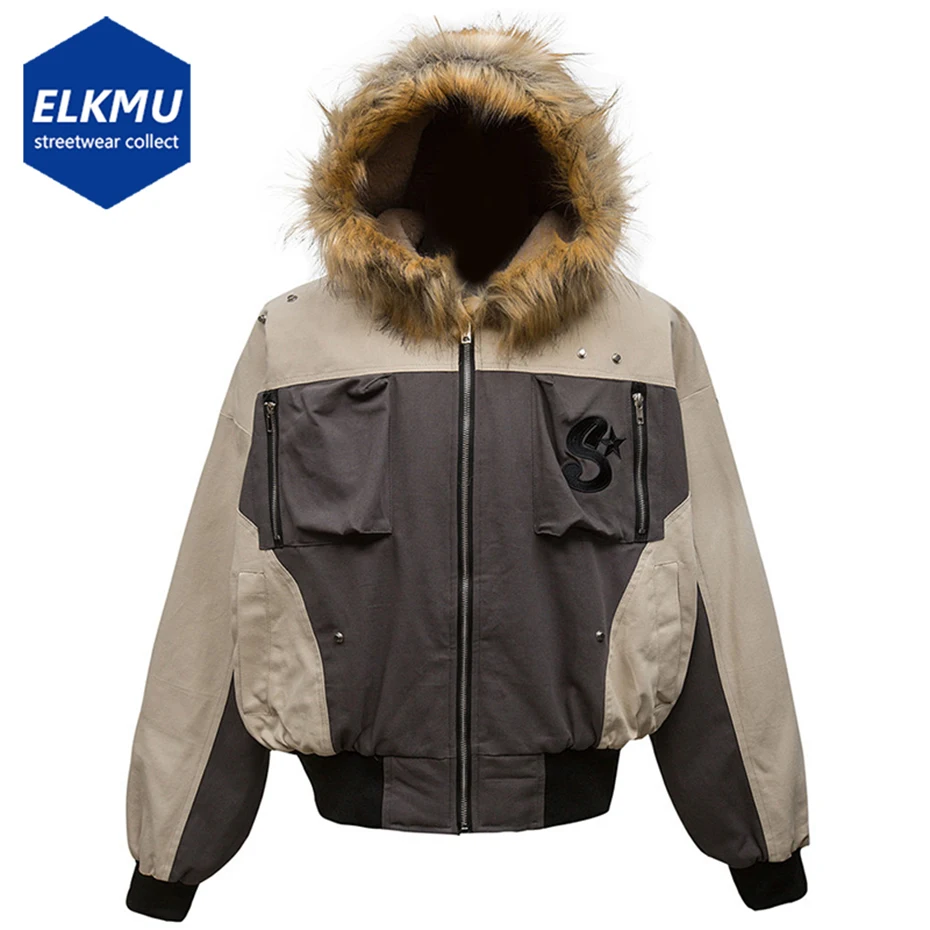 

Men Winter Jackets Fur Collar Parkas Coats Thicken Fleece Plush Warm Jackets Streetwear Harajuku Hip Hop Padded Jackets Outwear