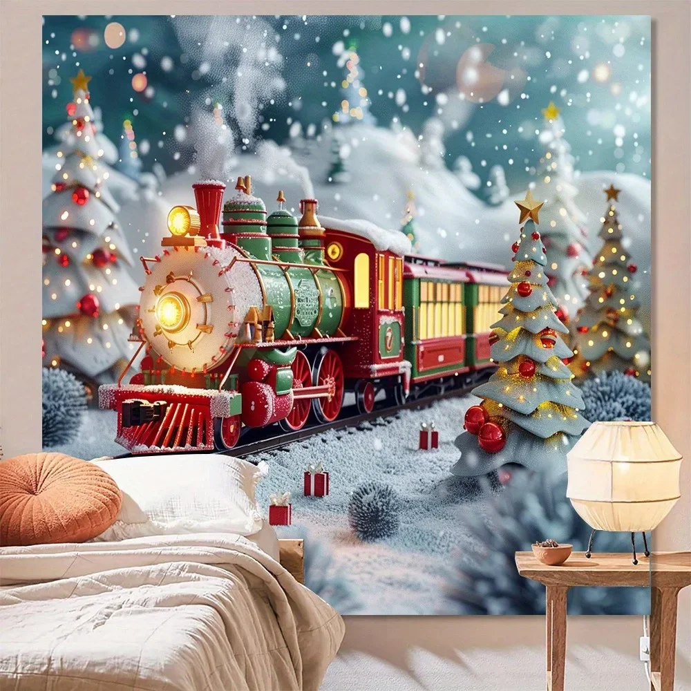 Christmas Day party decoration background cloth Christmas red candy train tapestry suitable for outdoor home decoration