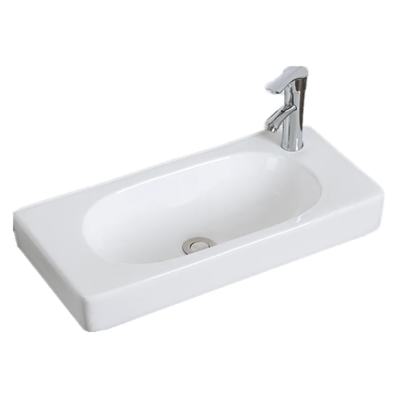 Schmales rechteckiges Waschbecken zur Wandmontage für kleine Wohnungen. Kleines Badezimmer-Haushaltswaschbecken aus Keramik. Balkon-Ecke-Einzelwaschbecken