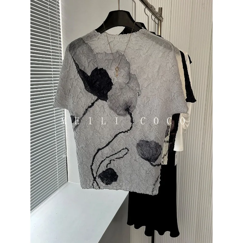 Miyake Pleated T-Shirt Classic Ink Painting Print Short Sleeve Fold T-Shirt Commuting Versatile Pleats Top Women 2026 Summer New