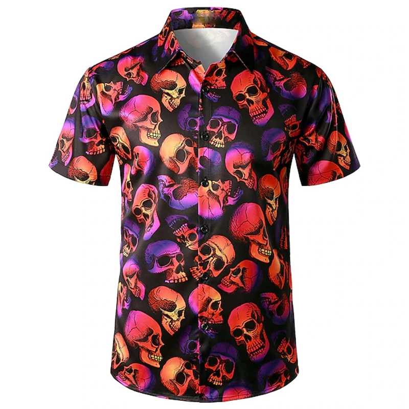 

2025 New Men's Short-sleeved Shirt Halloween Skull Print Shirt Casual V-neck Shirt Outdoor Street Fashion Breathable Shirt