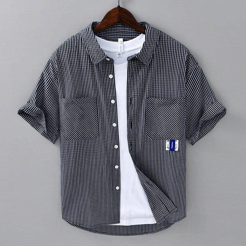 C02 Summer Thin Shirts For Man Fashion Houndstooth Plaid Pattern Casual Loose Short Sleeve Japan Style Simple Lapel Tops Male