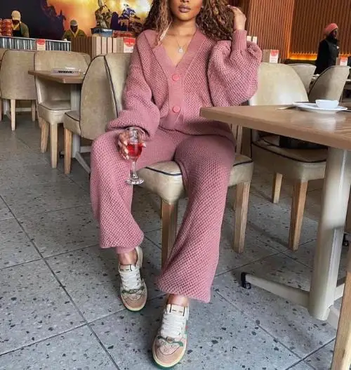 

2025 Casual Loose V-Neck Cardigan Sweater Jacket and High Waisted Ankle Pants Set for Autumn and Winter Women's Casual Wear