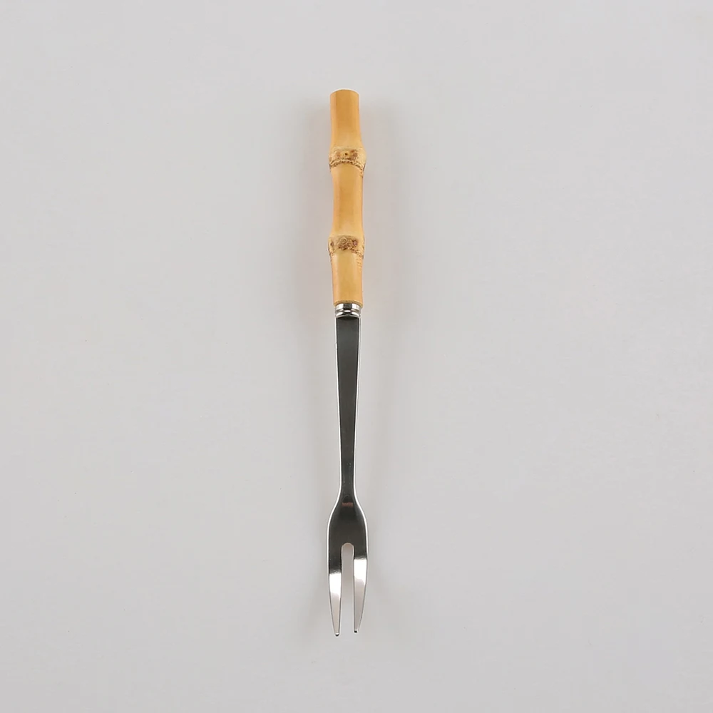 Novelty Two Teeth  Stainless Steel Long Handmade Natural Bamboo Root Wood Handle Cake Dessert Small Fruit Fork