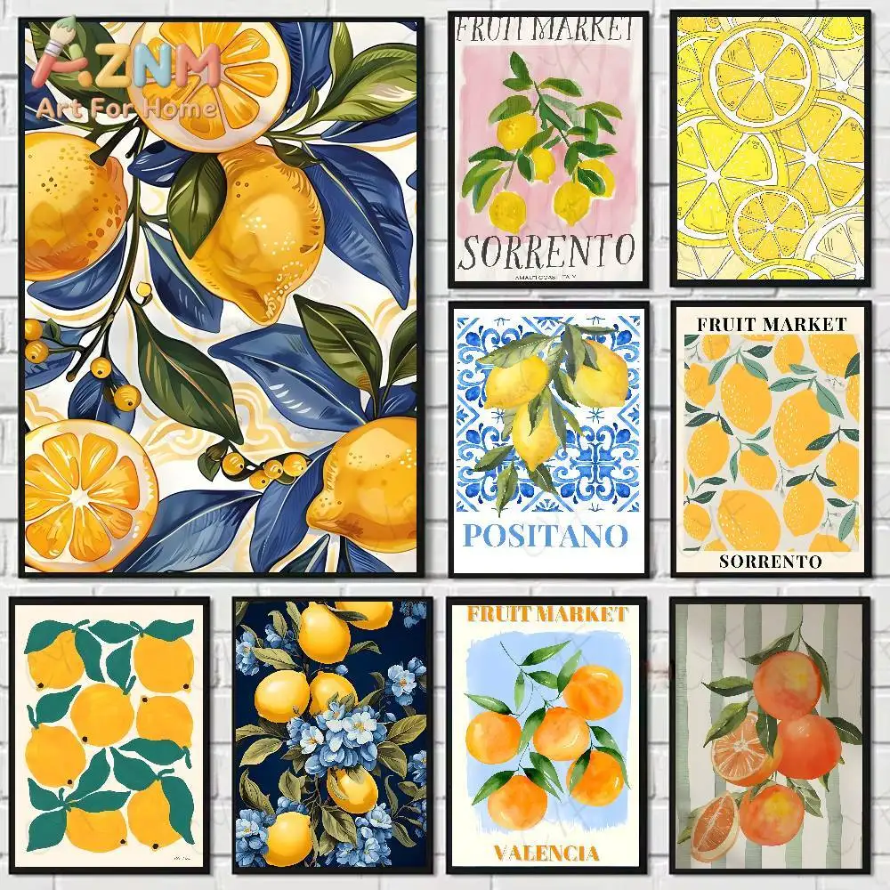 AZNM Amalfi Lemon Fruit Market Canvas Wall Art, Sorrento Positano Citrus Watercolor Print, Kitchen Dining Room Home Decor, Unfra
