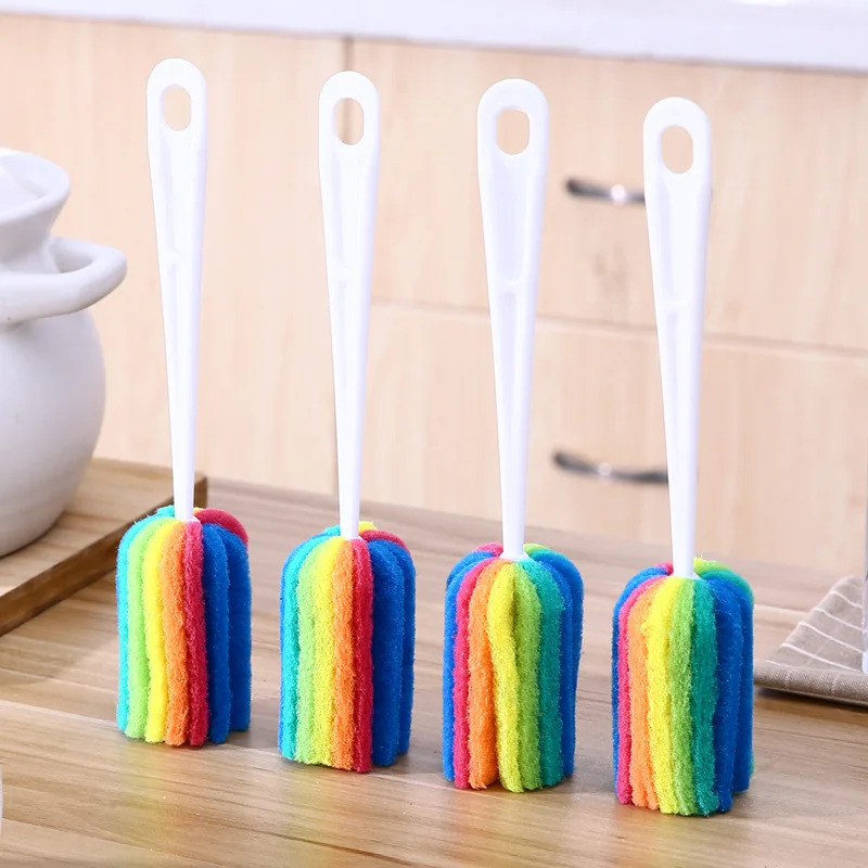 3Pcs Rainbow Sponge Brush Water Bottle Cup Mug Glass Washing Sponge Cleaning Brush Scrubber with Handle Cleaning Utensils