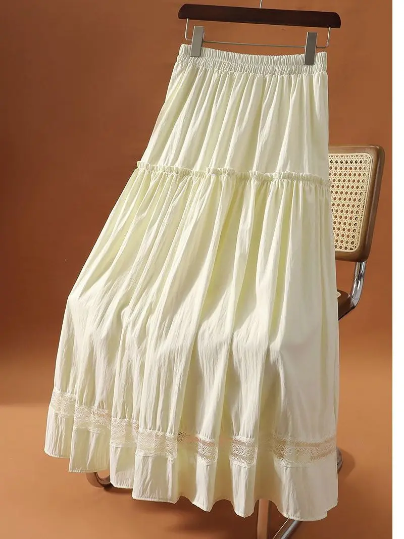 Summer High Waist Lace Half Skirt Women's Fashion Umbrella Skirt with Wood Grain  mid Length Covering Hip Elegant Draped