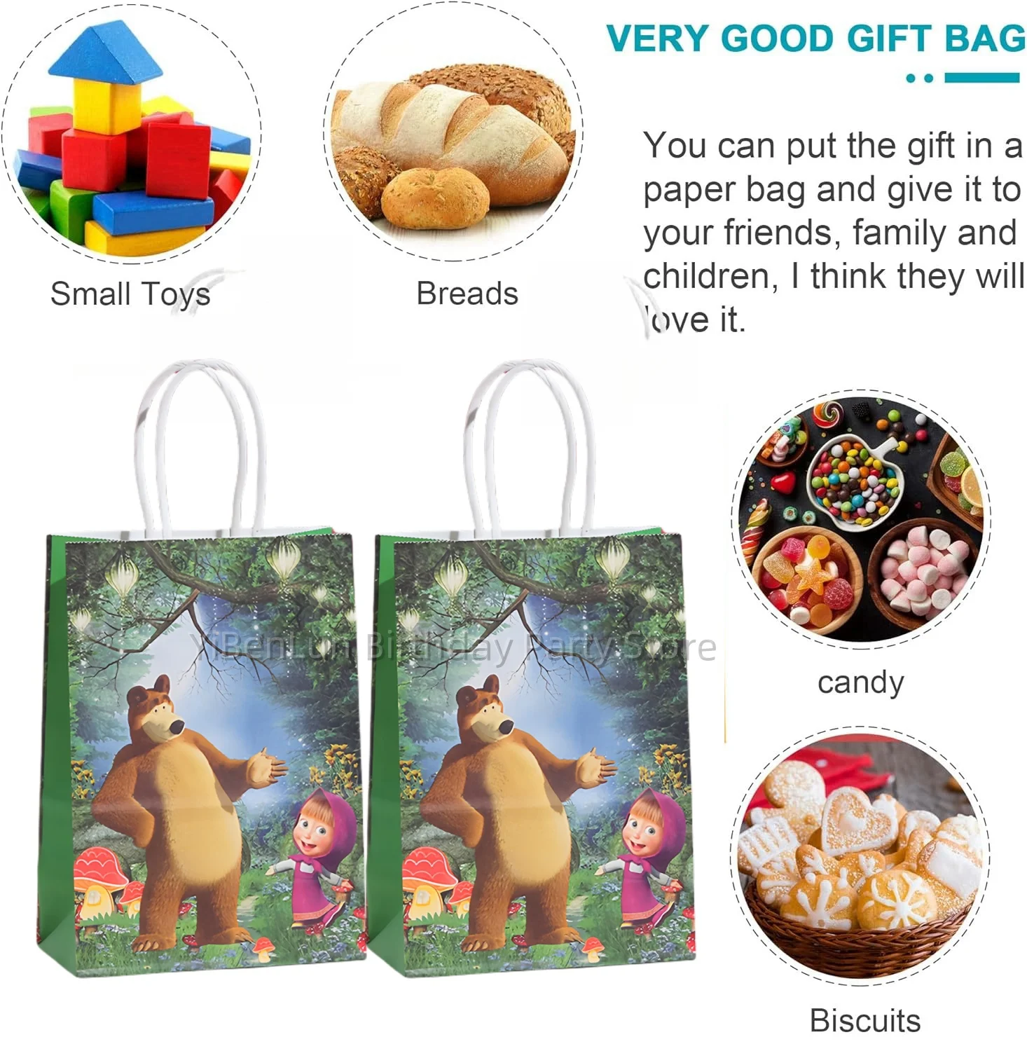 Masha and bear Paper Gift Bag Birthday Decor Backpack Masha Drawstring Bag Biscuit Handle Candy Bag Baby Shower Party Supplies ﻿