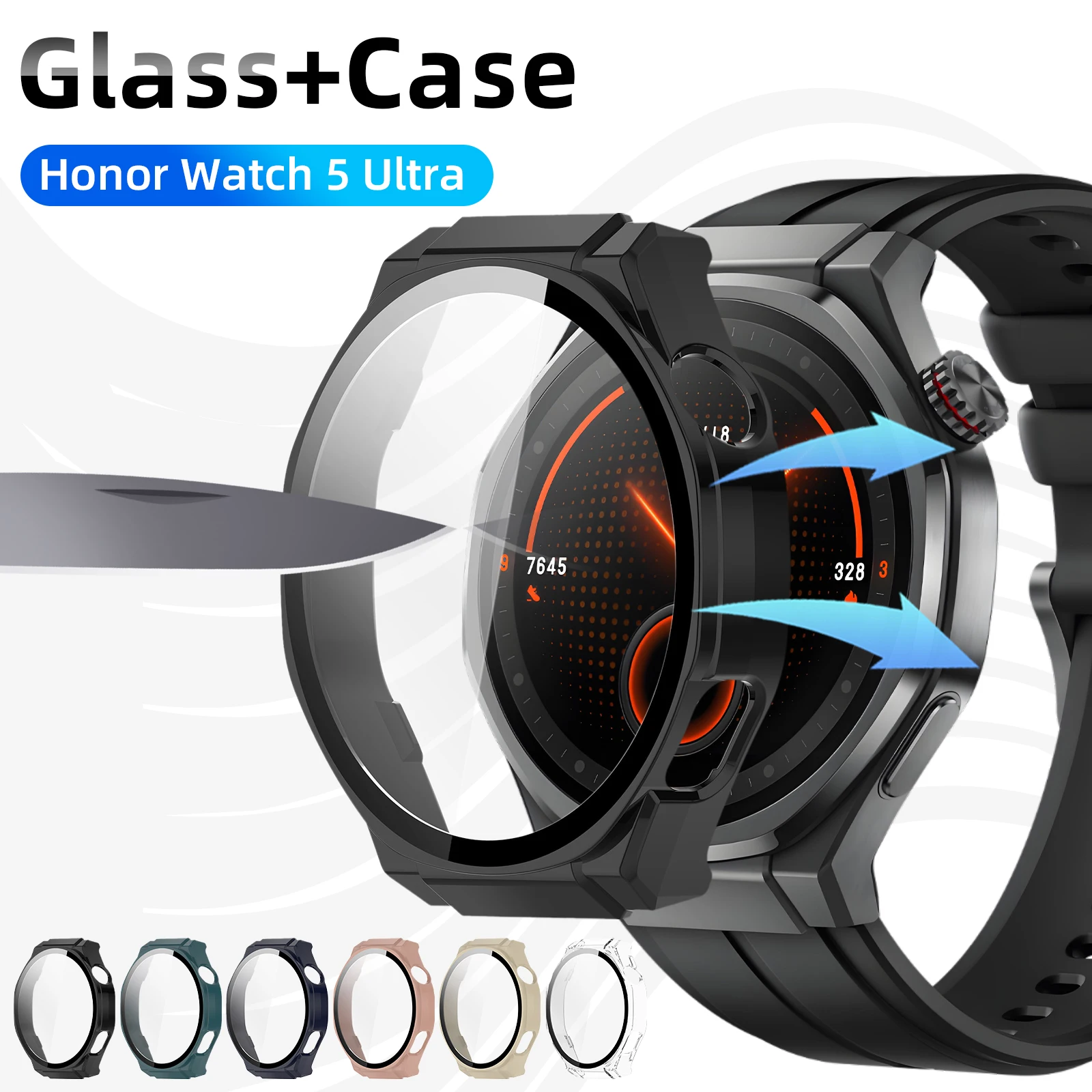 

Glass+Case for Honor Watch 5 Ultra Tempered Glass Anti-scratch Screen Protector & Hard PC Protective Bumper Covor Accessories