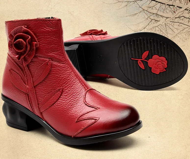 Neue Handgemachte Rindsleder Boot Damen Vintage Hohl Schuhe Frau Original Marke Stiefeletten Frauen Herbst Niedrigen Ferse Pelz Booties – Detail 4