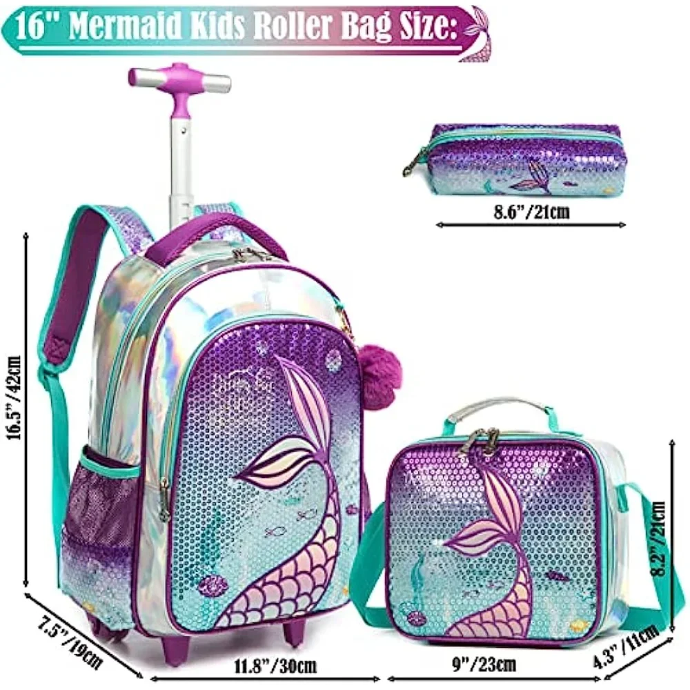 School Bags Kids Rolling Mermaid Backpack for Girls Kids Luggage Suitcase With Wheels Trolley Wheeled Backpacks Travel Bags