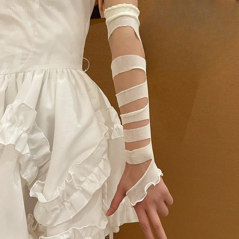 Y2k Aesthetic Bandage Hollow Out ​Women Wrist Arm Sun Protection Streetwear Long Fingerless Gloves Harajuku Vintage Summer 2025