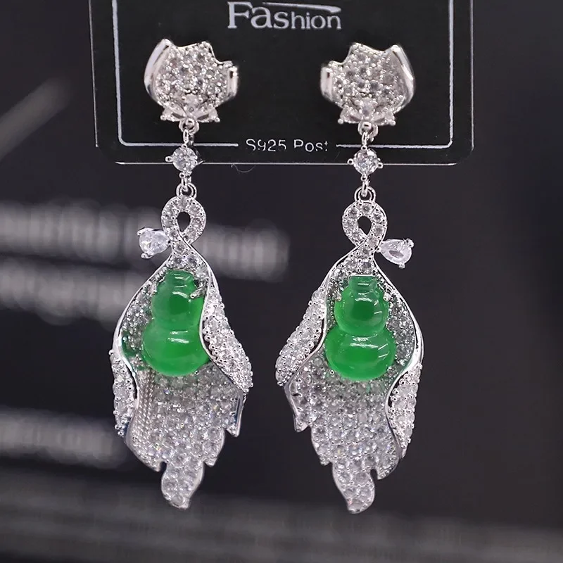 Chinese Style Gourd Leaf Cubic Zirconia Dangle Earrings Unique Sparkling Silver Tone Statement Earrings for Women Party Jewelry