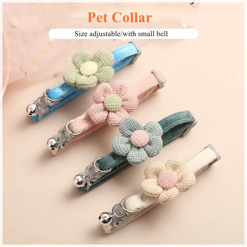 Cute knitting Flower Bell Collar Adjustable Cat Necklace Pet Collar Traction Safety Buckle Necklace Small Dog Dog Supplies