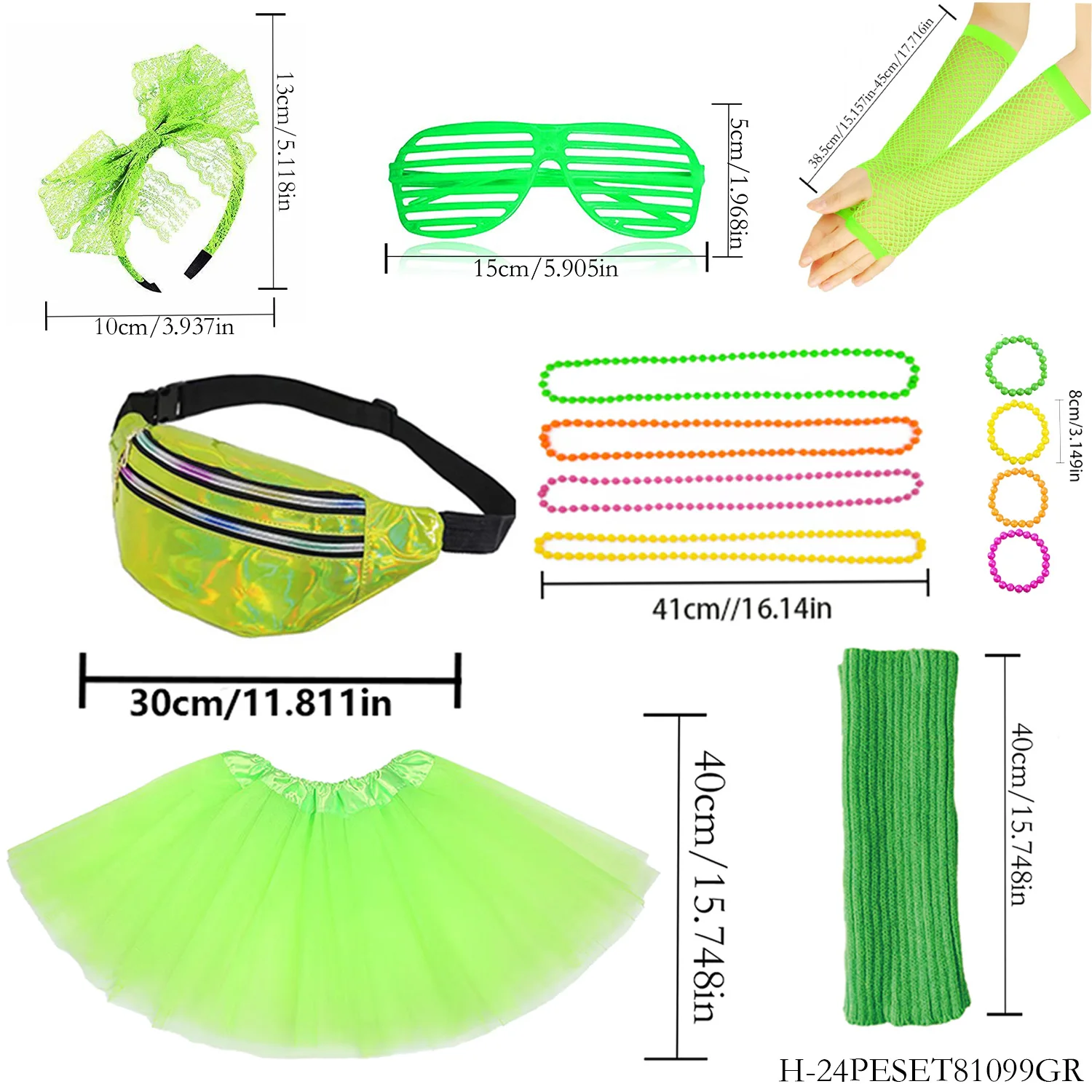 PESENAR accessori per vestire da donna, ginocchiere verdi anni '80, gonna in garza, marsupio, guanti e altri 9 pezzi