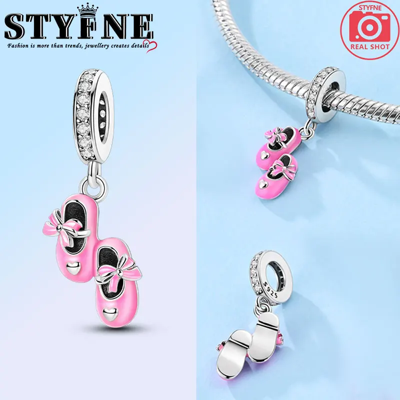 Travel Hobbies Beads 925 Sterling SilverPink Ribbon One Pair Girls Shoes bracelet charms for Women's Jewelry DIY Pulseras Gift