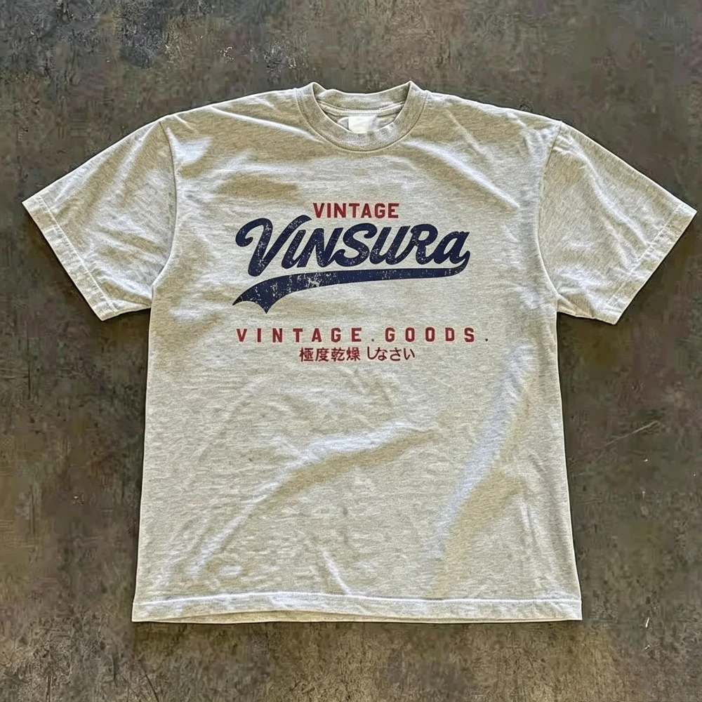 Vintage Stacked Distressed Cursive Text Print Men Heather Grey Crew Neck Retro Cotton T-Shirt