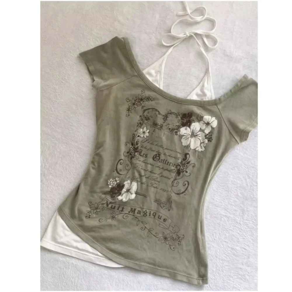 Summer Vintage Fake Two Piece Halter Lace Up T-shirts Y2k Slim Fit Print Tops Women Off Shoulder Short Sleeve Tee Shirt 2026