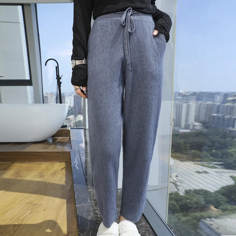 لينة مريحة الخريف والشتاء 100% المنك الكشمير السراويل عالية الخصر أسلوب بسيط تريكو مكتب سيدة مرونة الخصر بنطلون