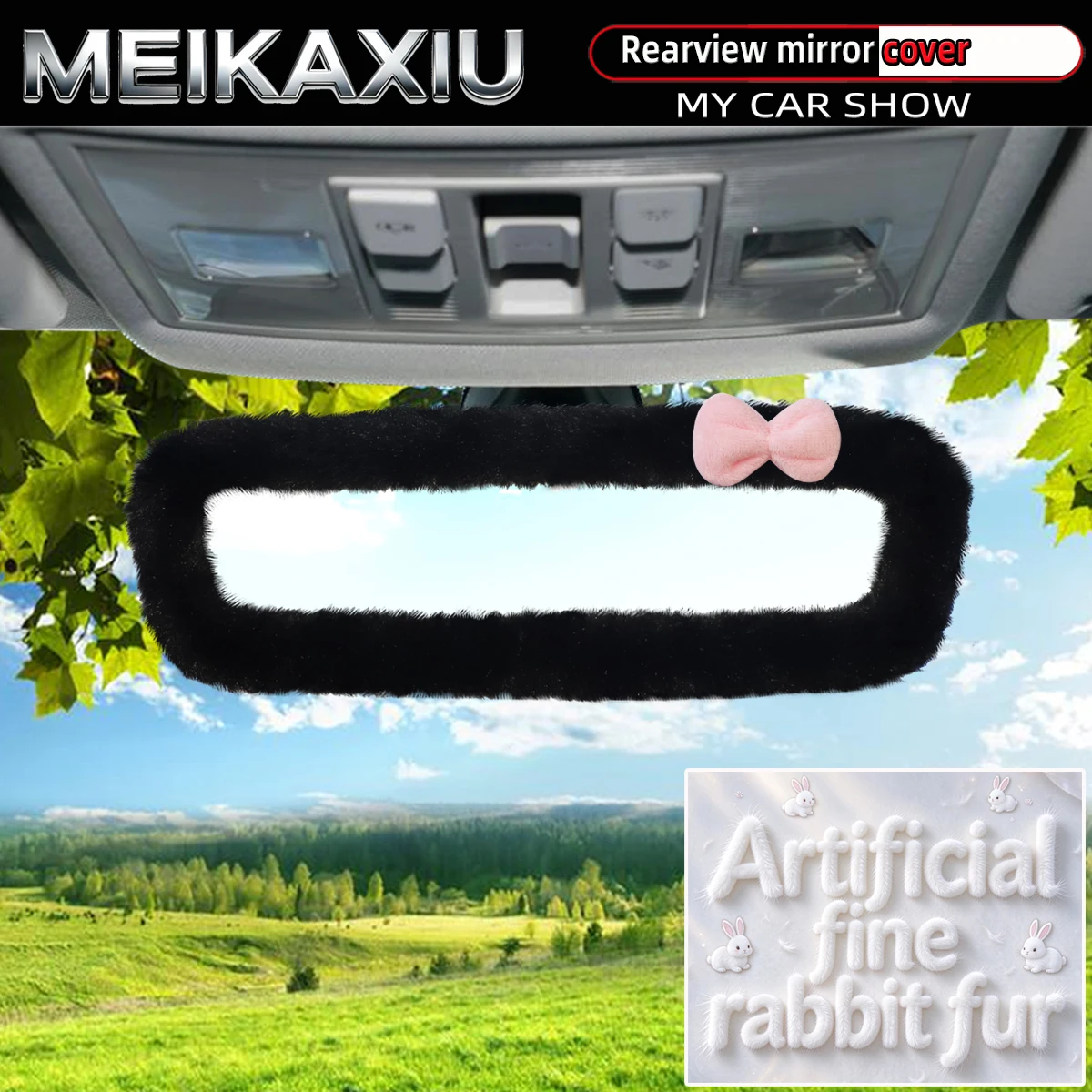 Artificial Rabbit Fur Bow Car Rearview Mirror Cover Interior Decorative Women's Items Fabric Car Accessory