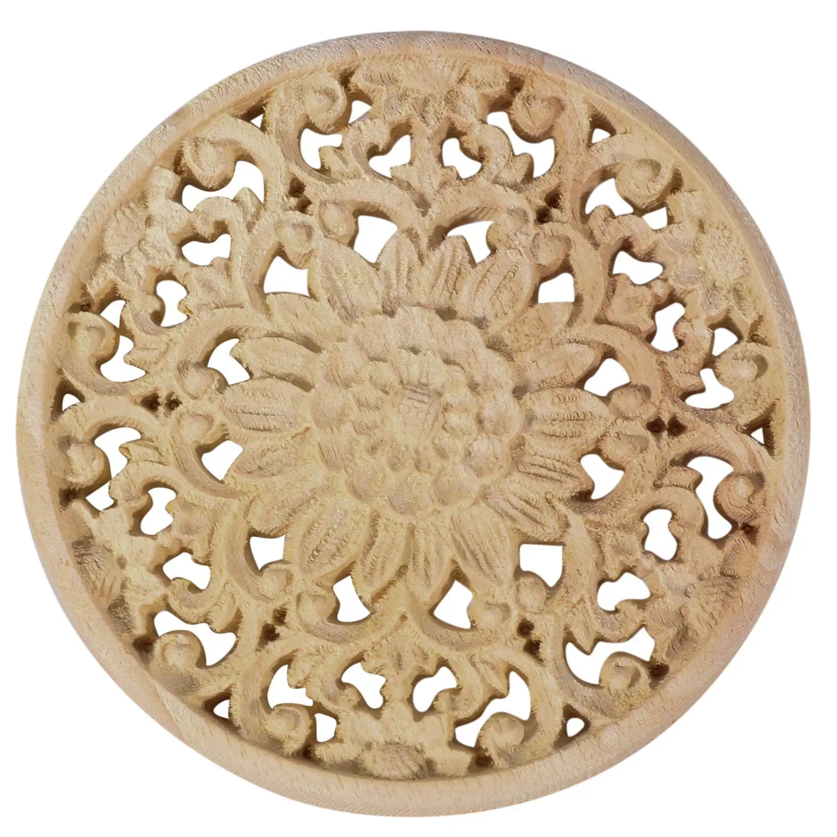 AT77 Carved Flower Carving Round Wood Appliques For Furniture Cabinet Unpainted Wooden Mouldings Decal Decorative Figurine