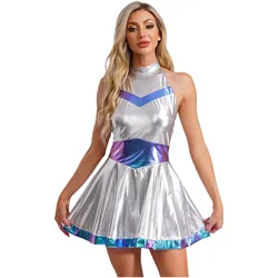 Women Space Astronaut Alien Robot Cosplay Costume Metallic Shiny Halter Neck A-line Mini Dress Halloween Theme Party Clubwear