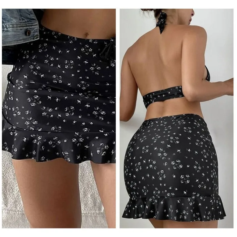 Sexy Low Cut Bikini Set+Ruffles Skirt Cover-Up Women 3 Pieces Swimsuit Halter Bandage Monokini Backless Swimwear Bathing Suits
