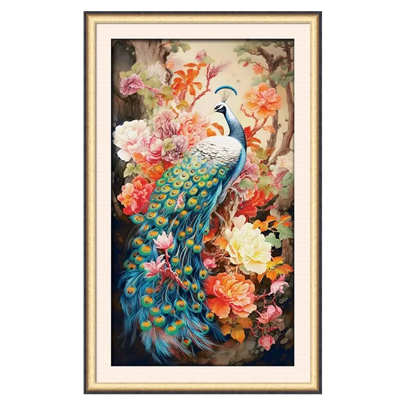 11CT 16CT Peacock Flowers Pre-Printed Cross Stitch DIY Embroidery Set Handmade Handicraft Floss Needle Crafts 168 Colors