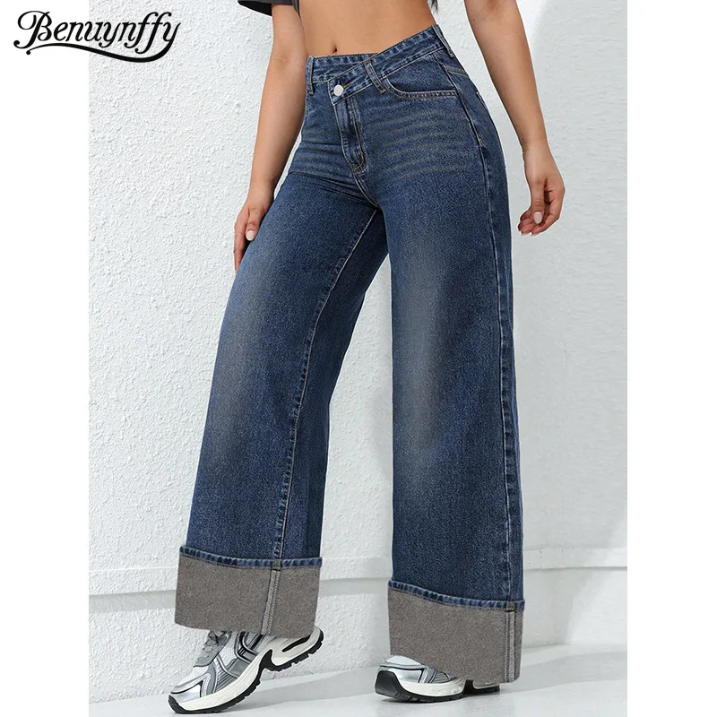 

Benuynffy модные прямые джинсы с закрученным подолом, женская уличная одежда, винтажные потертые женские широкие брюки с асимметричной талией