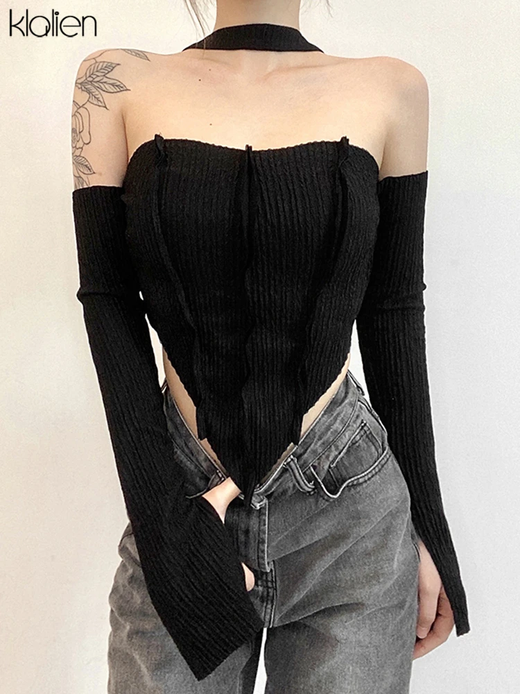 KLALIEN Fashion Casual Sexy Off Shoulder Halter T Shirt For Women Autumn New Streetwear Stretch Wild Basic Top Slim  Y2K