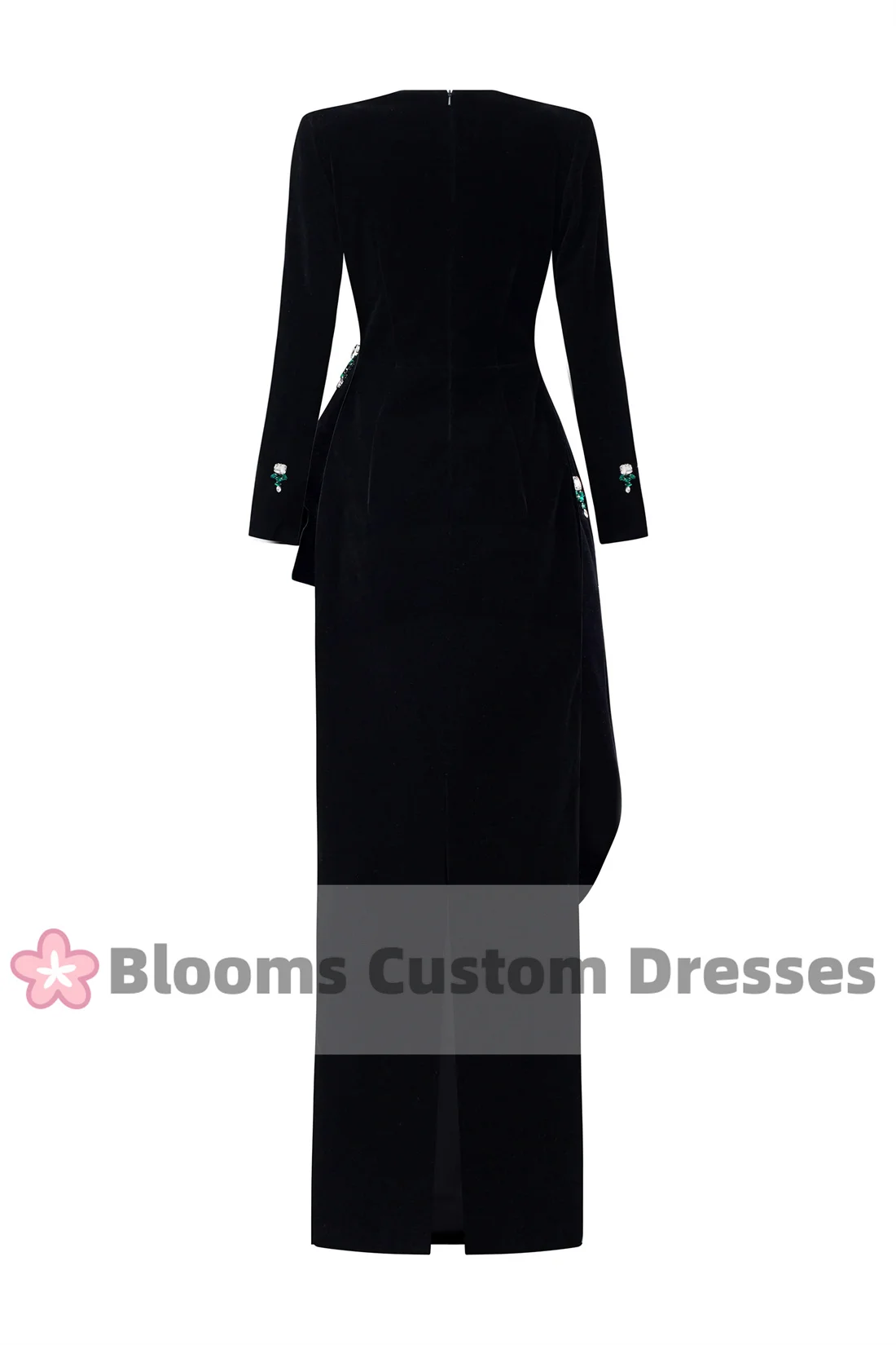 Blooms Customized Green Beadings Black Velvet Evening Dresses Ruched Floor-Length Elegant Women Formal Gown Wedding Prom Dress