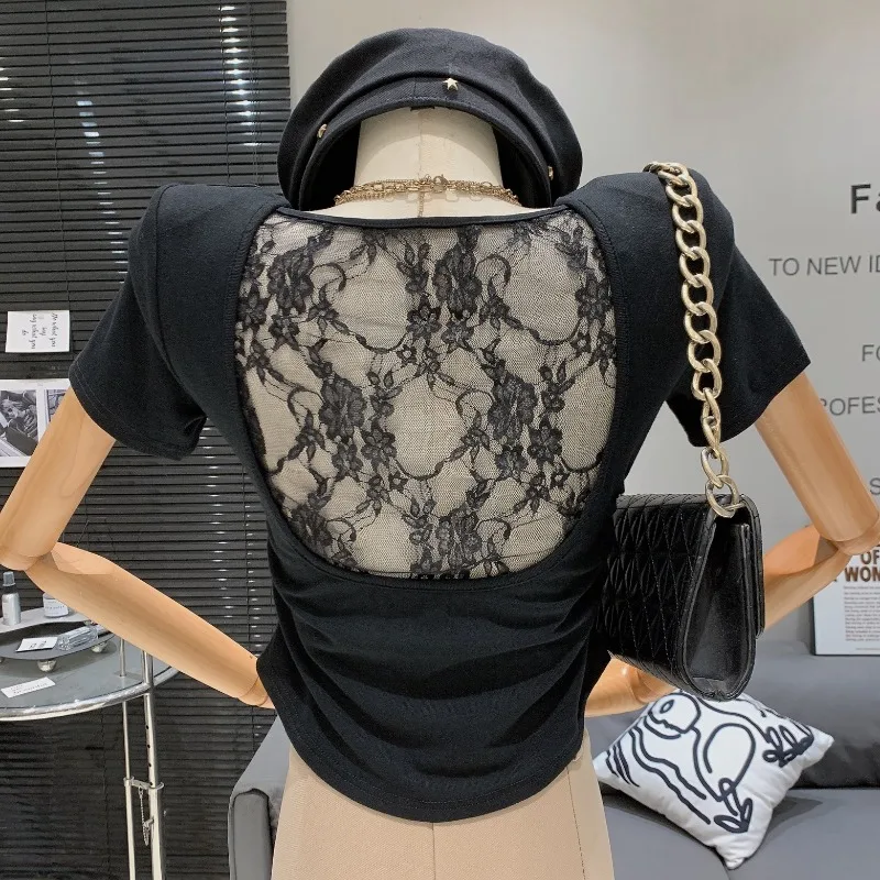 Back Hollow Out Lace Ropa De Mujer Short Sleeve Woman Clothing Pleated Tunic Clothes Summer T Shirt Pure Desire Style Camisetas