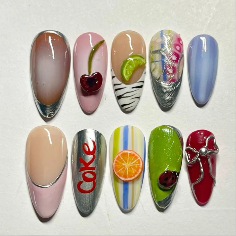 Faux ongles réutilisables en forme d'amande moyenne, manucure artificielle, couverture complète, nail art 3D avec ensemble, fait à la main, nouveau rouge français, N64.