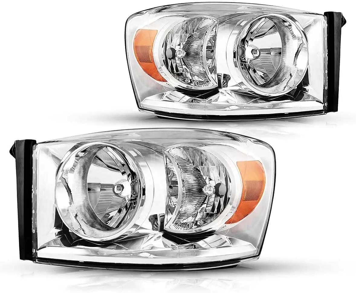

Pair Front Headlight Assembly Compatible with 2006–2008 1500 and 2006–2009 2500 3500, Chrome Housing with Amber Reflector, Repla