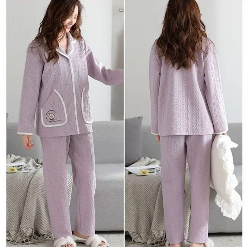 2024 New Sleepwear Women's Autumn Winter Thick Loungewear Pure Cotton Interlayer Air Cotton Sleepwear V-neck Warm Homewear Set