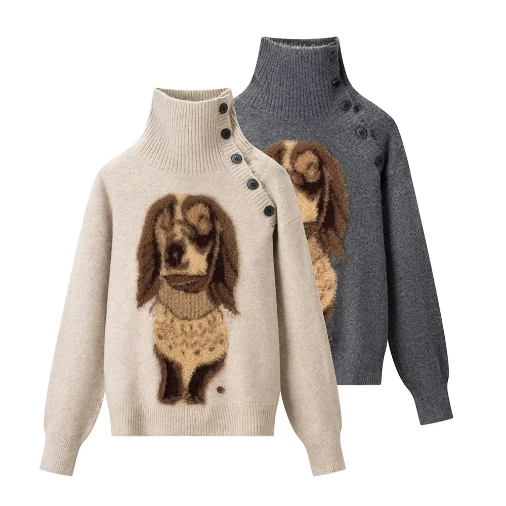 Plush Puppy Pattern Women Turtleneck Sweater Button Decor Pullover Leisure Style Sweaters Autumn Winter High Neck Knitwear