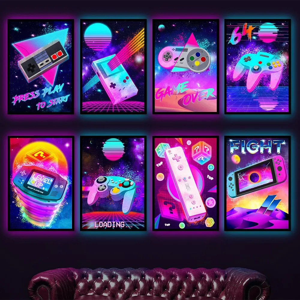 Neon Game Art Canvas Painting Nordic Gamepad Poster Prints Colorful Game Control Wall Picture for Playroom Boy Room Home Decor