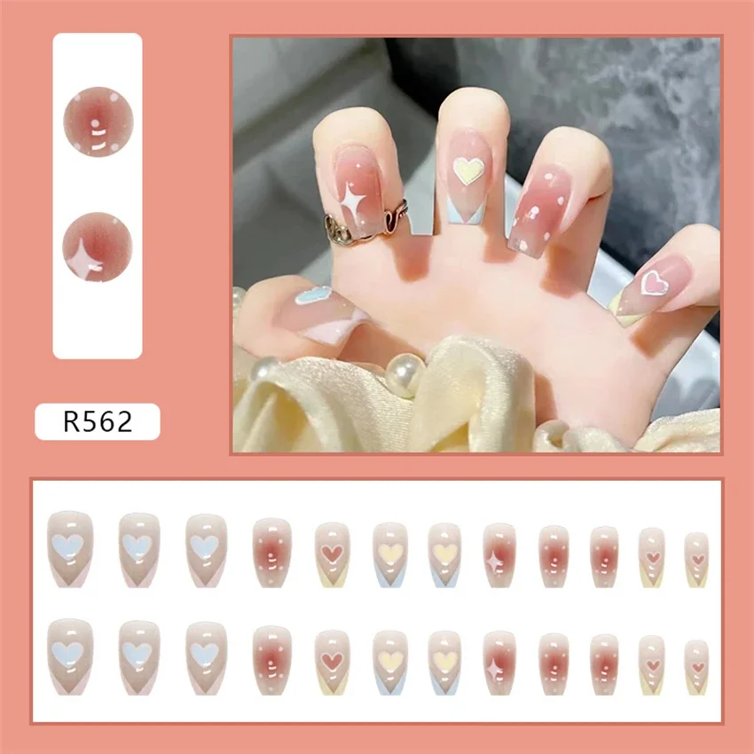 Unhas postiças curtas francesas, Unhas postiças removíveis, Prensa adesiva na arte do prego, Rosa colorido, Gelo, Transparente, Vestindo, 24pcs, Conjunto