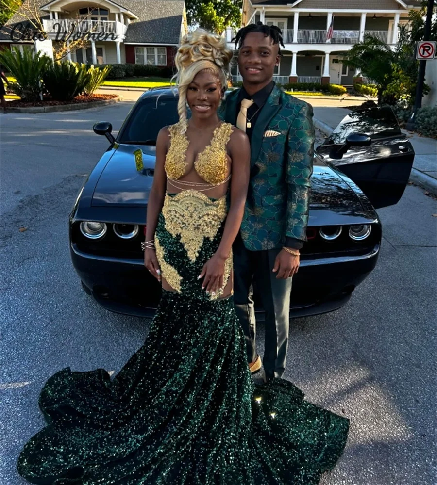 Amazing Dark Green And Gold Prom Dress For Black Girls Lace Mermaid Evening Dress Illusion Top Sequin Birthday Party Customized