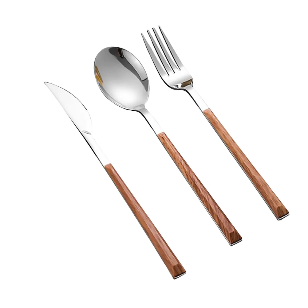 

3Pcs Stainless Steel Flatware Set Imitation Wood Handle Fork Spoon Salad Servers Polished Surface Easy Clean Modern Dining