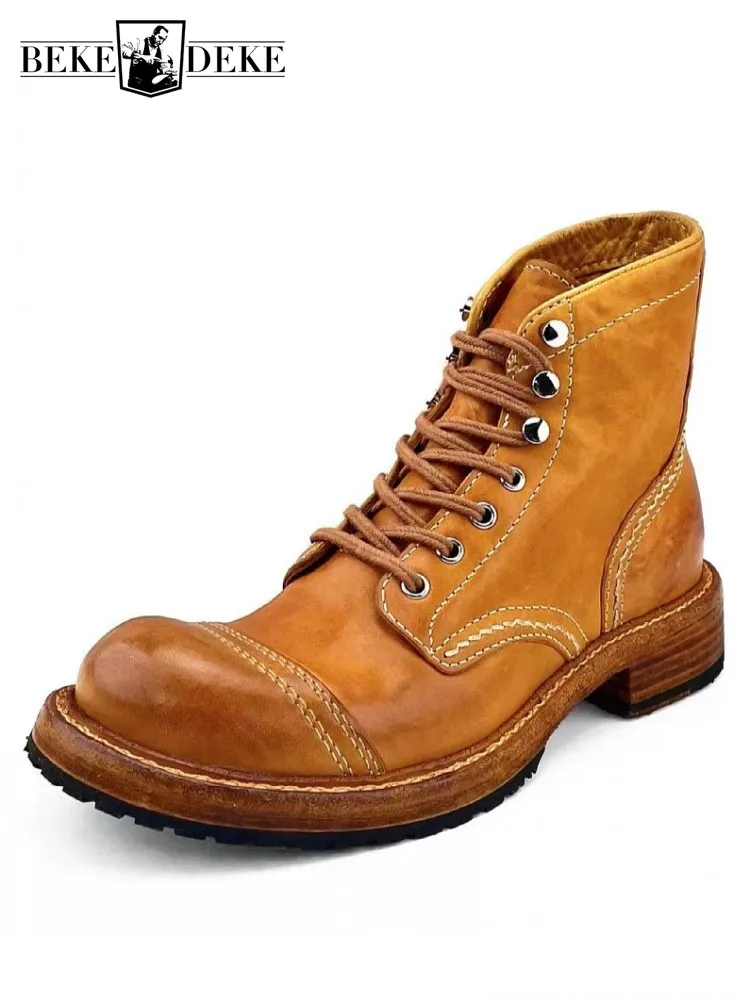 

Vintage Work Men Horsehide Genuine Leather Motorcycle Boots Lace Up High Top Shoes High Quality Handmade Cargo Platform Boots