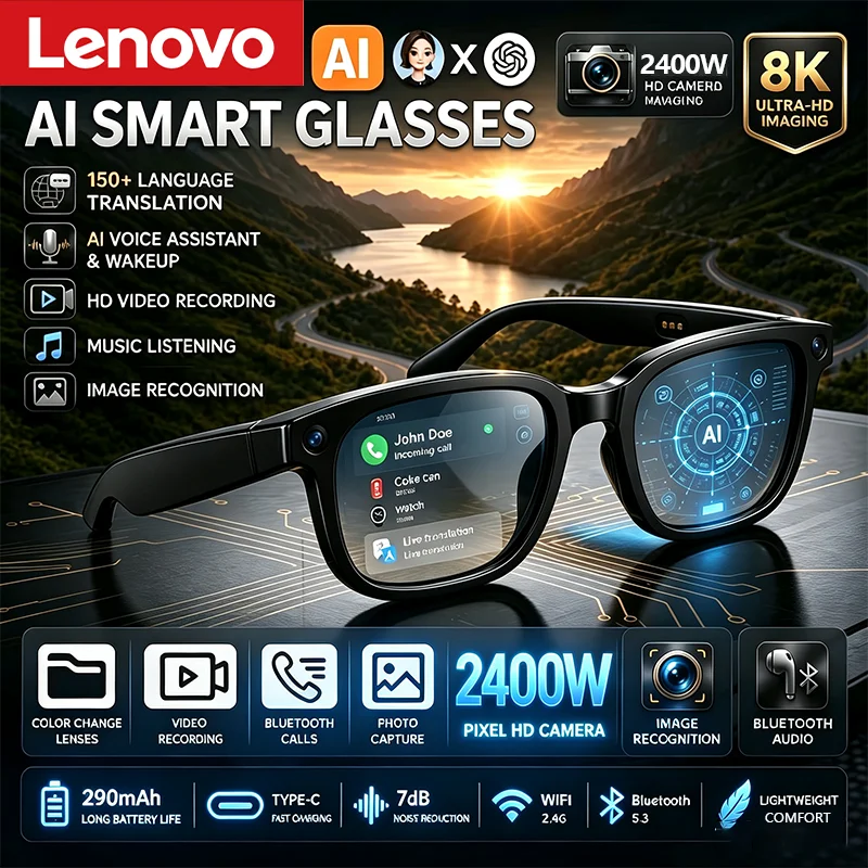 Lenovo AI 2400MP 8KHD Smart Glasses Vedio Translation Women Men Hands-Free Call AI Chat Logging Music Playback Smart Sunglasses