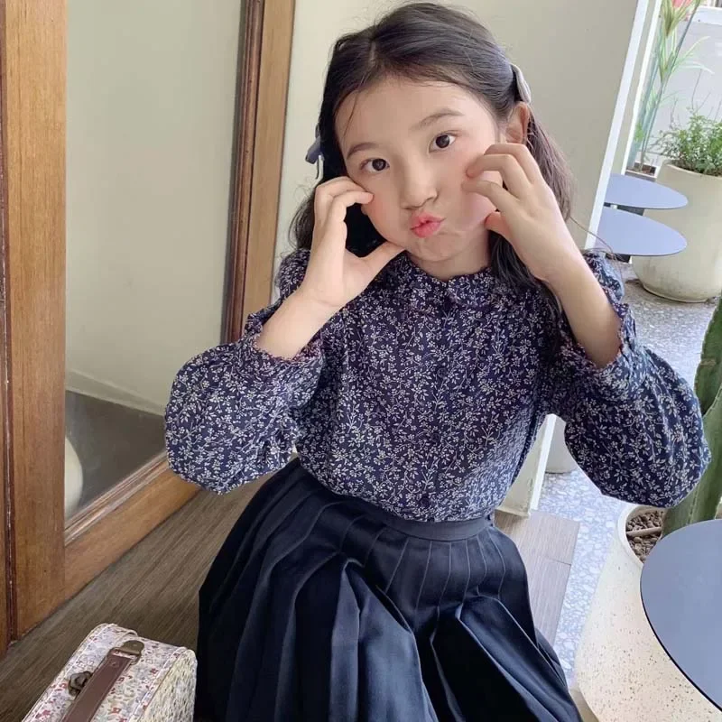 En Stock, ropa de otoño 2024, ropa para niñas, Camisa de algodón Floral, camisas de flores para niñas, ropa de Boutique para niños, blusa para niñas